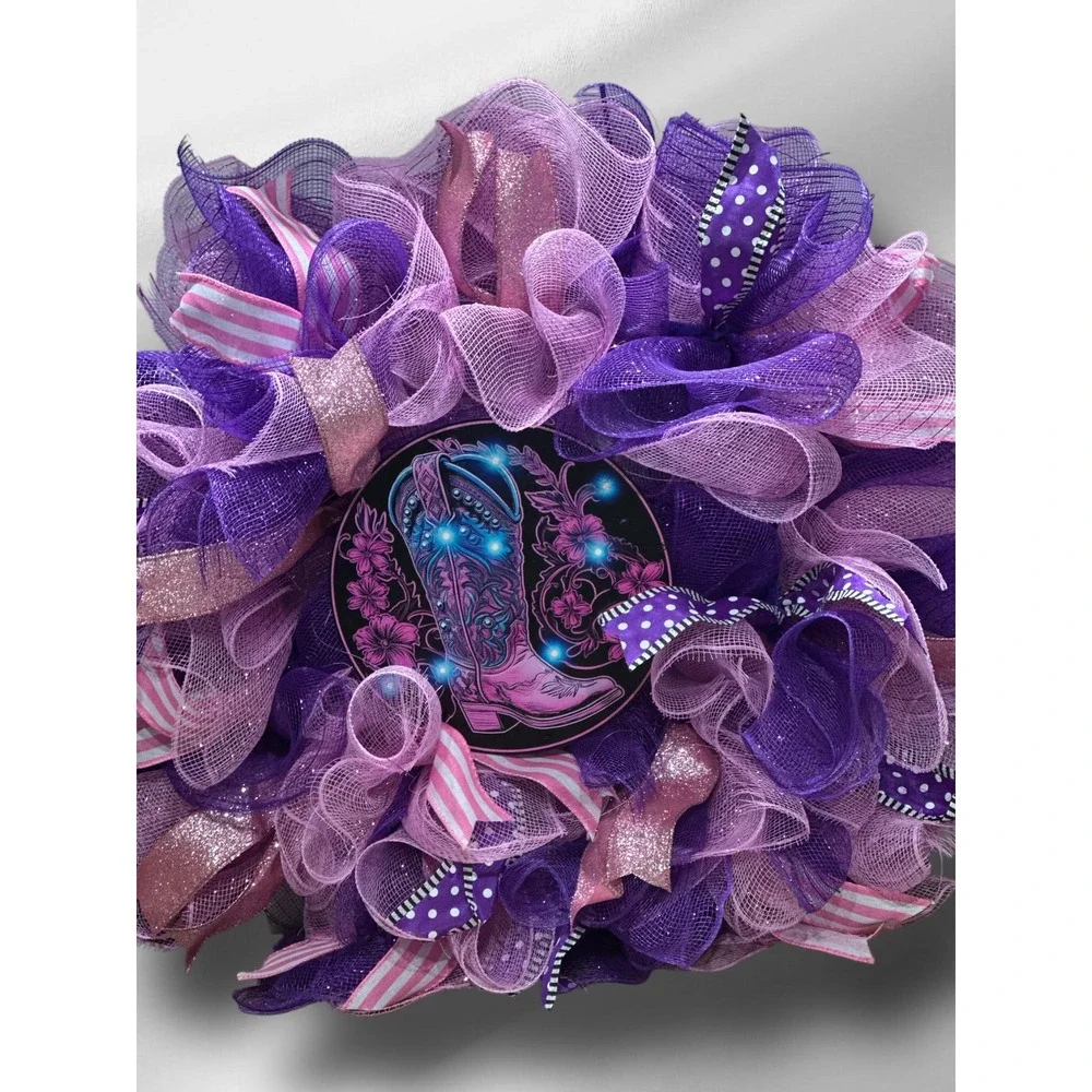Handmade Western Mesh Wreath; Purple and Pink Wreath with a Western Flair